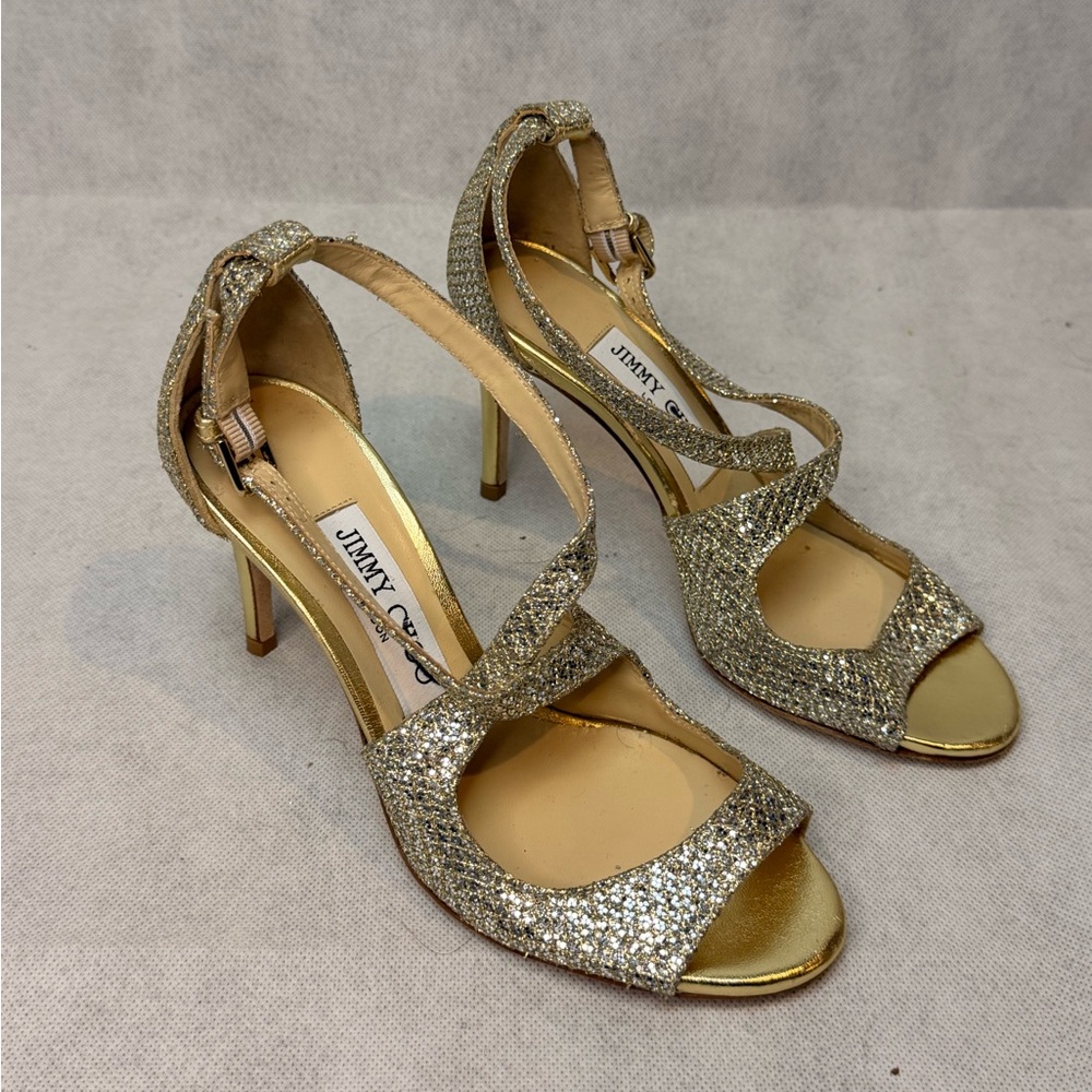 JIMMY CHOO Glitter Ankle Strap Sandals SZ 35 Gold Strappy Stiletto Heel
